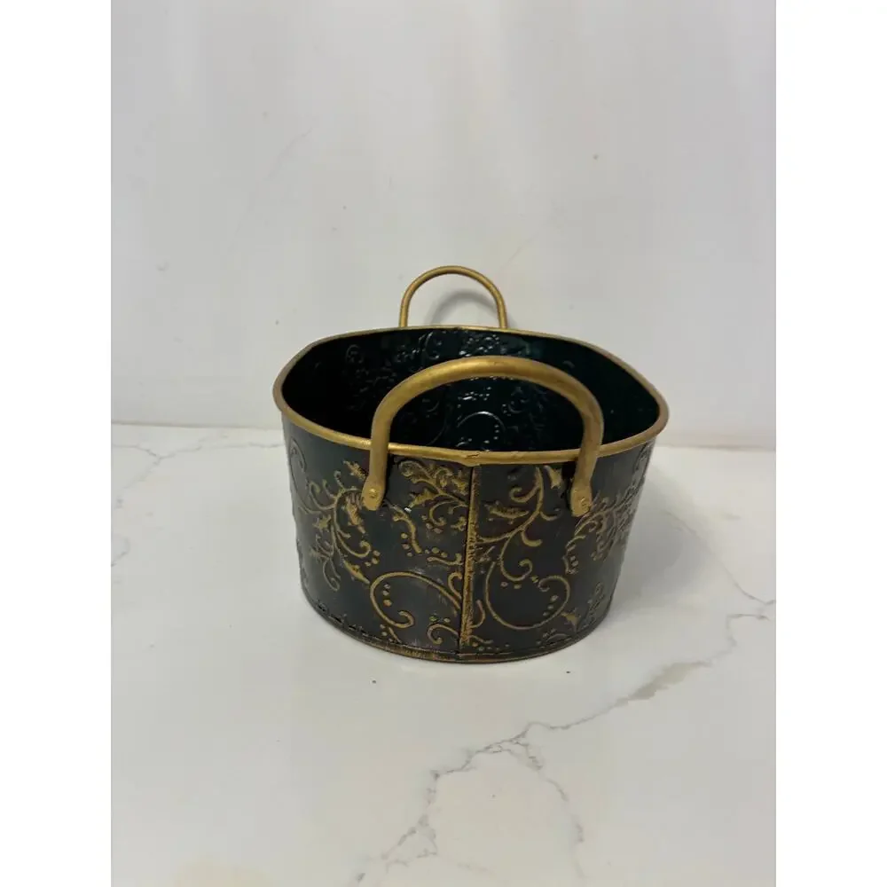 Metal Cachepot Black Gold Embossed Planter Container
